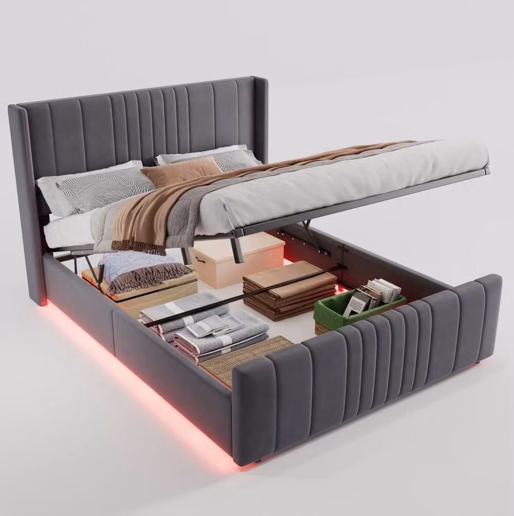 STILVORA Grey Velvet Upholstered Double Ottoman Bed with LED Under-Bed Lighting and Lift-Up Storage, W/D/H: 140 x 200 cm – 4