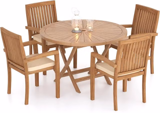 Eterna Round Teak Garden Dining Table and 4 Chair Set in Brown