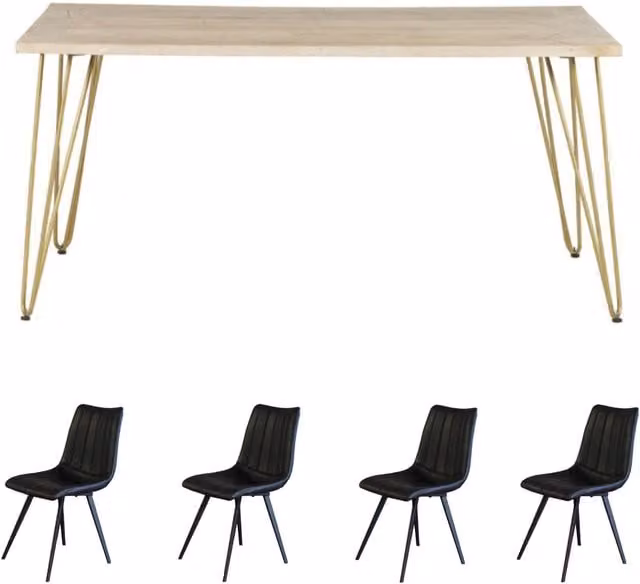 IH Design Modern Rectangular Mango Wood Dining Table Set with 4 Chairs in Brown and Gold