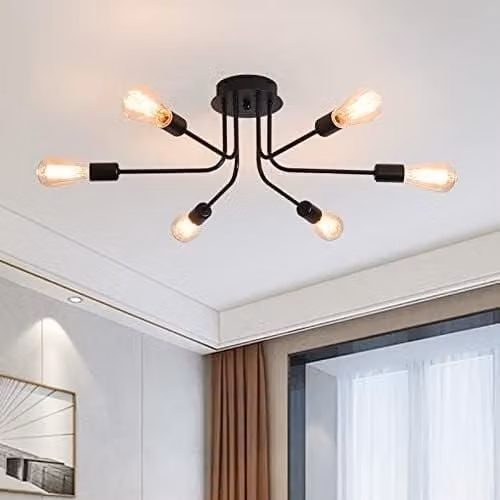 Garwarm Modern Black Metal 6-Light Sputnik Semi Flush Mount Ceiling Light – 1
