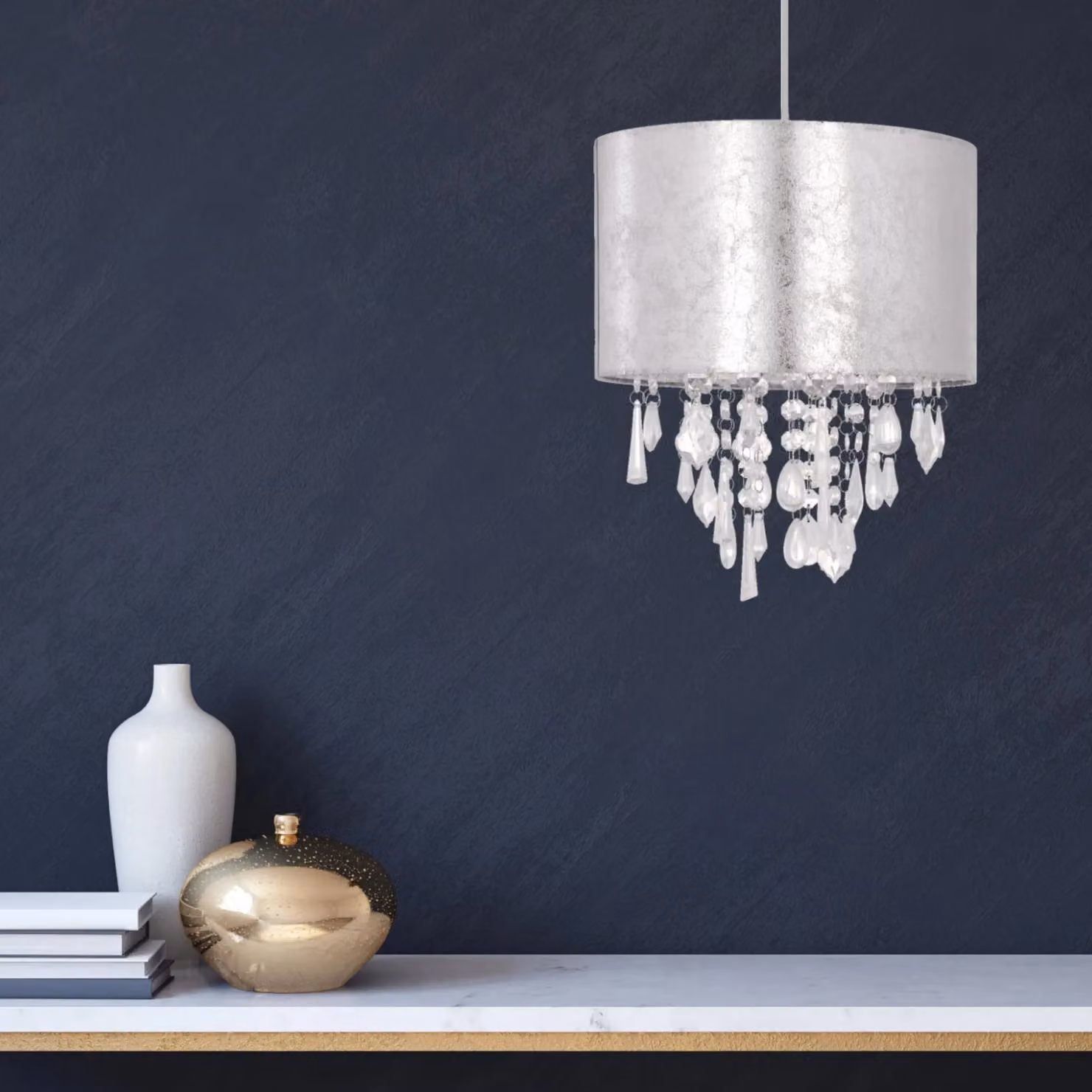 First Choice Lighting Silver Marble Effect Jewelled Round Light Shade – 2