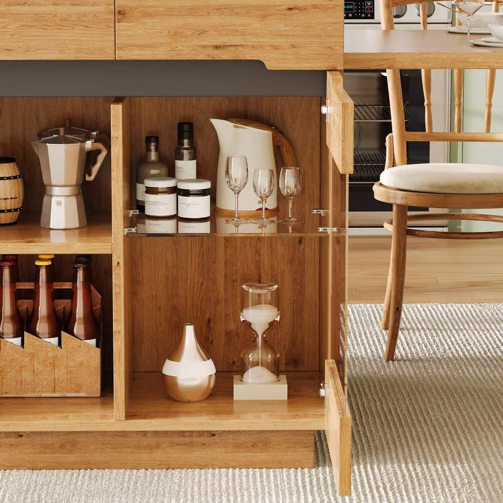 ModernLuxe Kitchen Island with Extendable Table and LED Lighting in Light Oak and Brown – 4