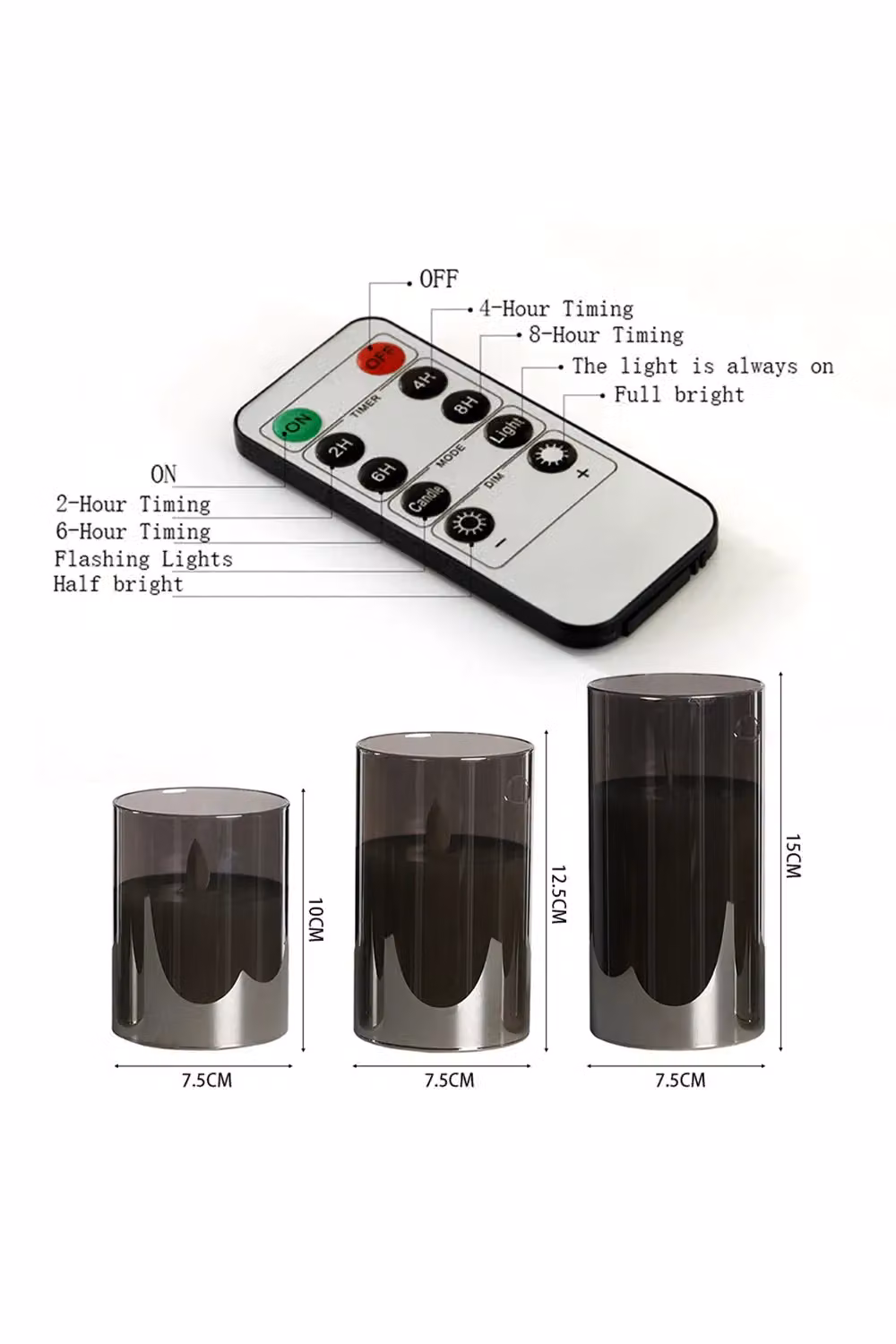 Living and Home 3-Piece Smoke Grey Glass Flameless LED Pillar Candles with Remote Control and Timer – 3