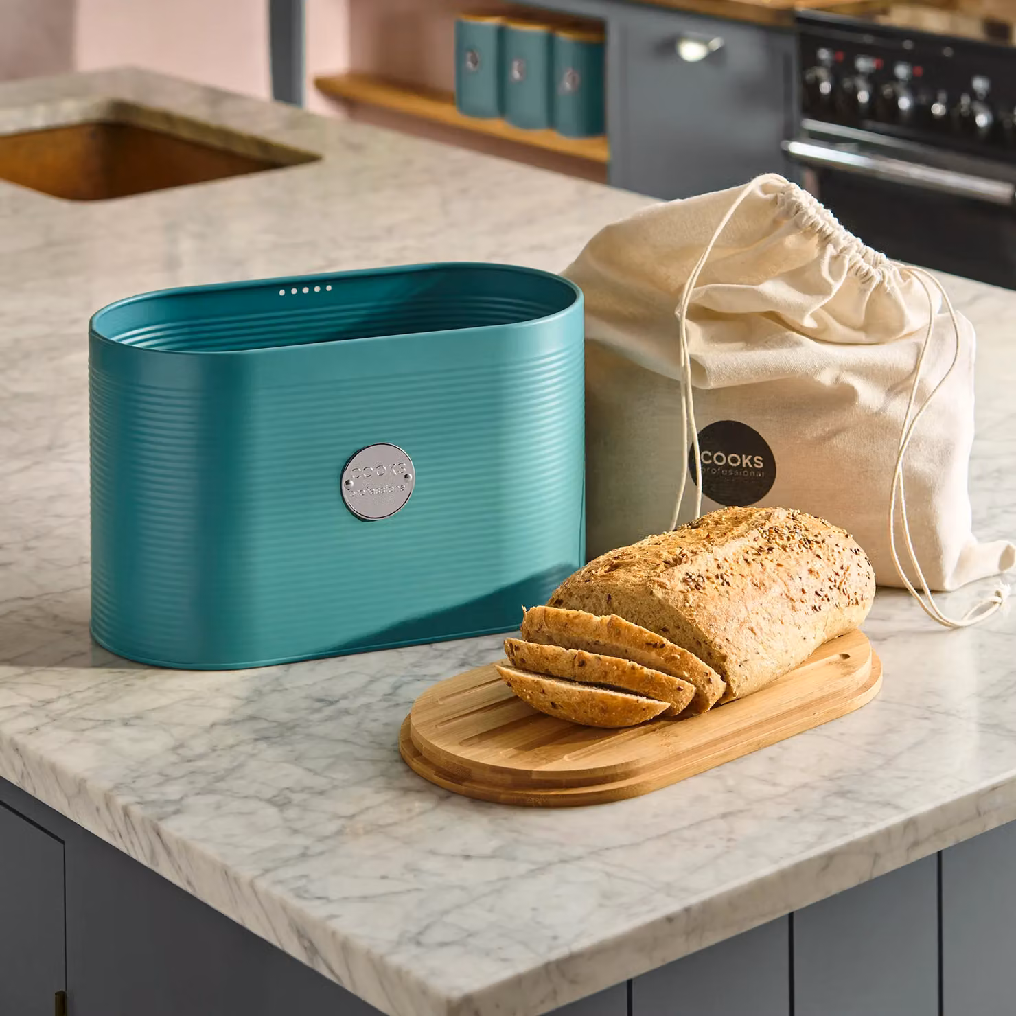 Cooks Professional Ribbed Bread Bin with Linen Bag and 2-in-1 Bamboo Cutting Board Lid in Petrol Blue and Silver – 3