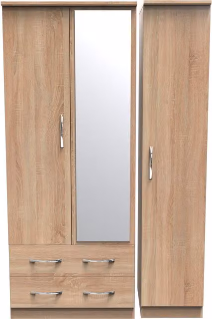 2 U Hampshire Ready Assembled Triple Mirrored Wardrobe with 2 Drawers in Light Oak – 1