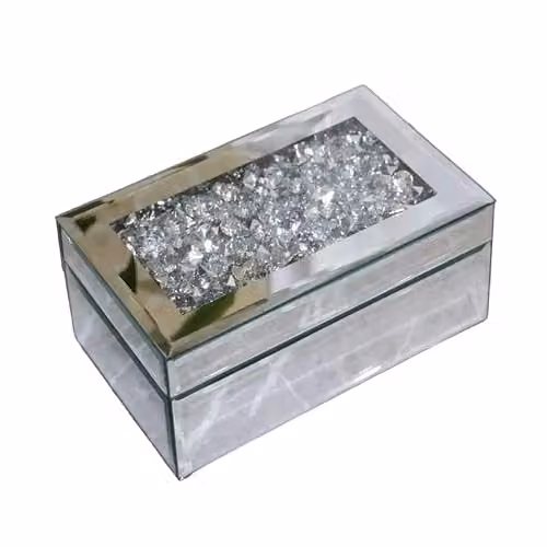 Eye on Elegance EagleWiz Silver Crush Jewel Diamante Mirrored Glass and Wood Jewellery Box Organiser, Silver and Black, W: 21.0 cm, D: 13.0 cm, H: 8.5 cm