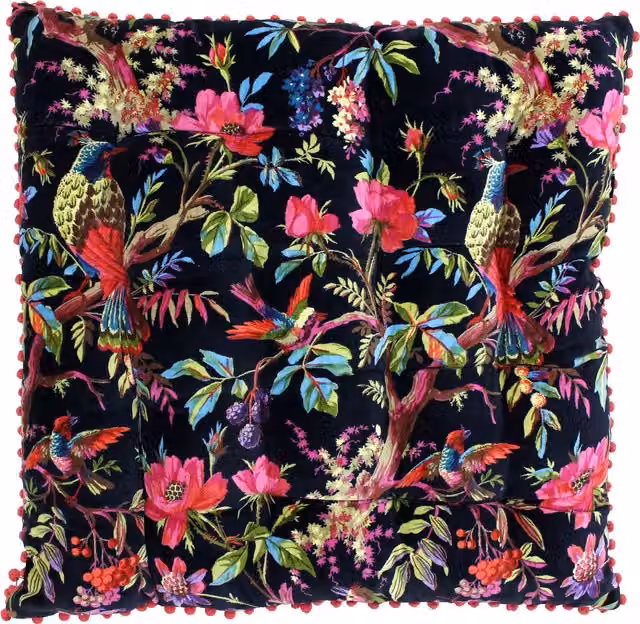 Paradise Floral Cotton Velvet Floor Cushion in Black and Multicolour