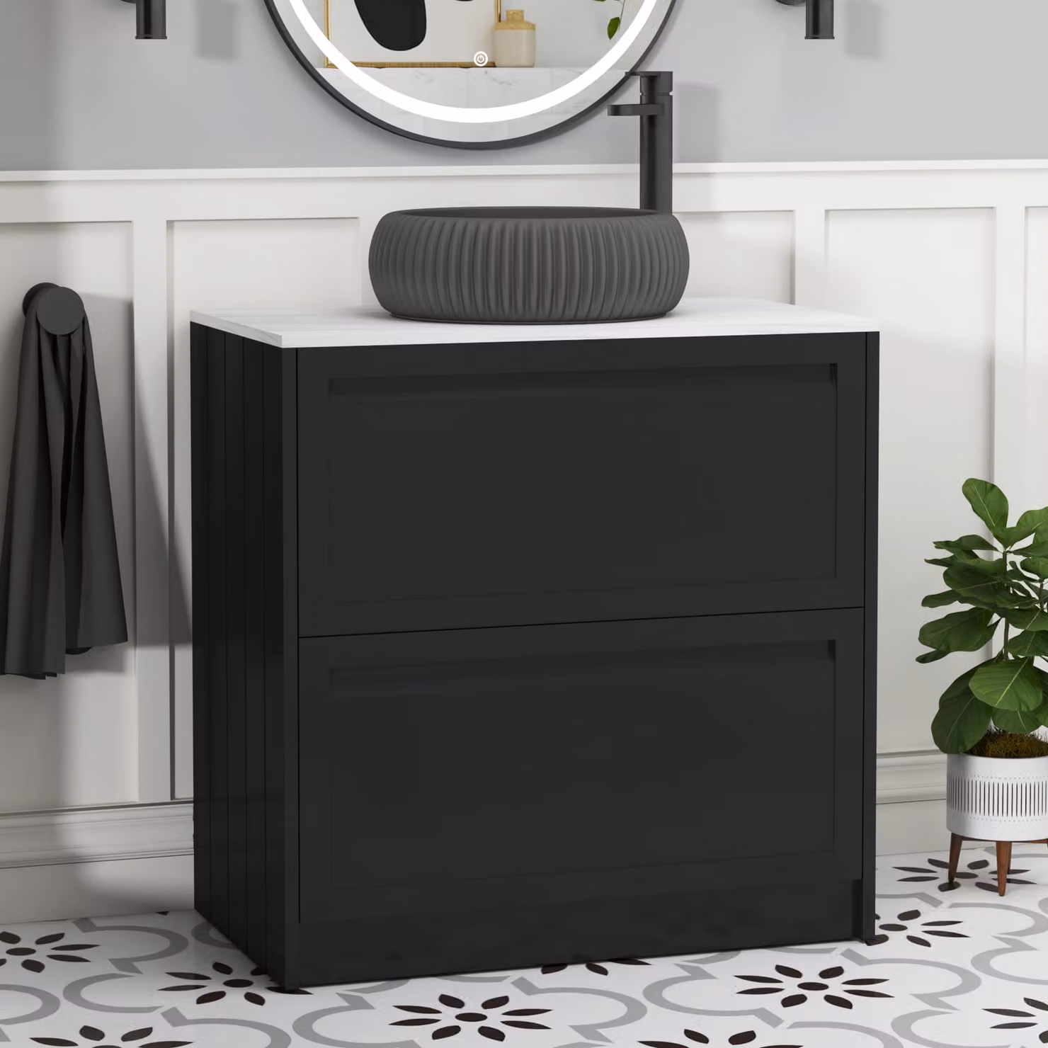 Royal Bathrooms Elmore 800mm Matt Nocturne Black Floor Standing 2 Drawer Vanity Unit with Milan Black Basin