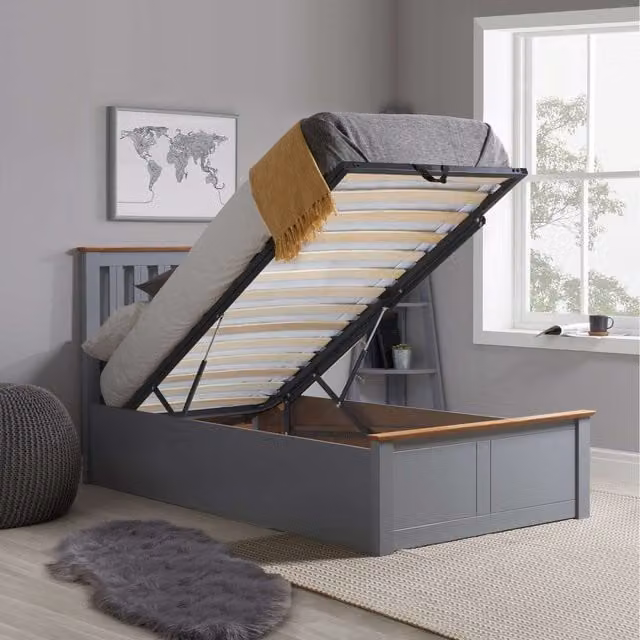 Birlea Phoenix Nebula Single Ottoman Bed and Mattress Bundle in Stone Grey, W/D/H: 90 x 190 cm