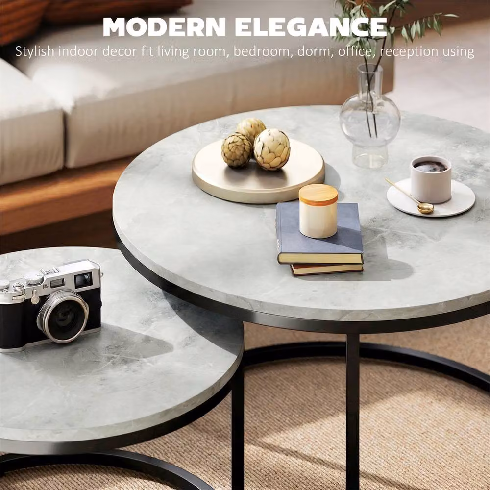 EONLION Modern Round Marble Grey 2 Piece Stacking Coffee Table Set – 3
