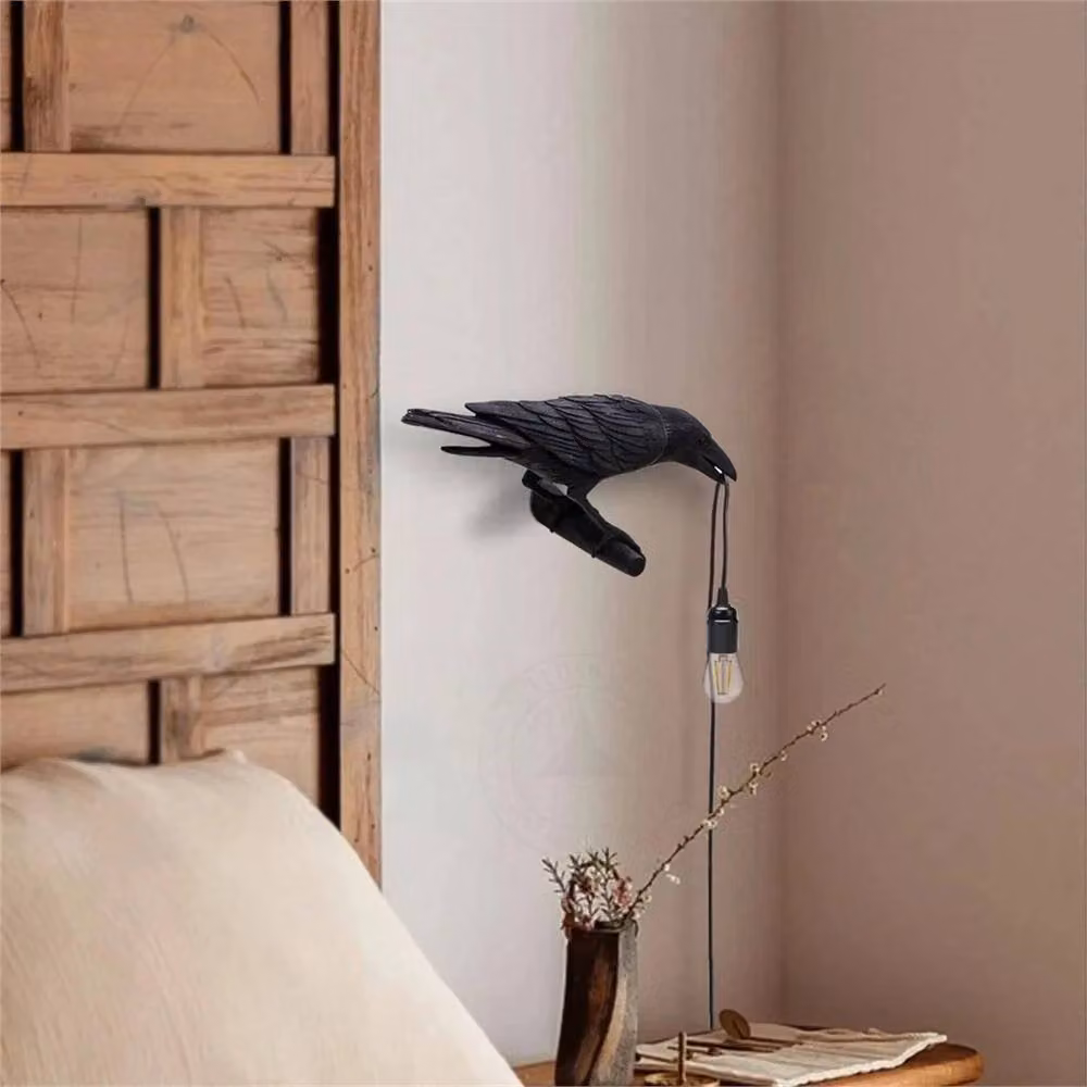 VOGREX Modern Black Crow Resin LED Wall Light with E27 Fitting – 4