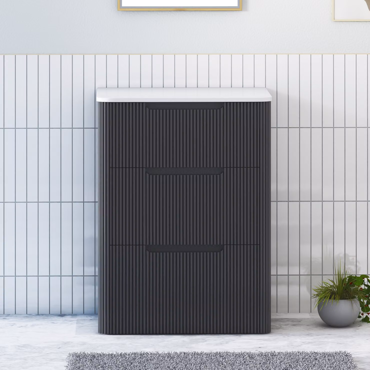 Royal Bathrooms Avenza 600mm Matt Obsidian Black Floor Standing 3 Drawer Vanity Unit with Plain White Worktop