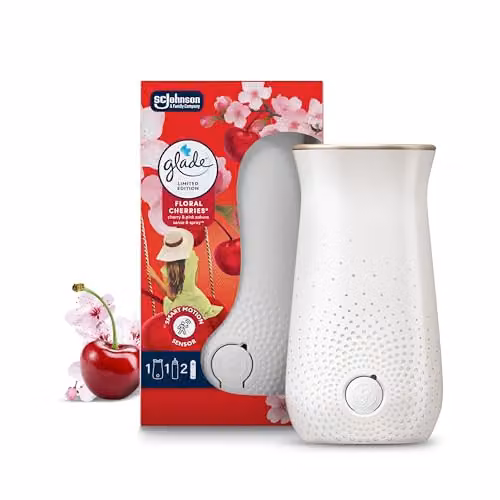 Glade Sense and Spray Automatic Air Freshener Holder and Floral Cherries Refill, White, Pack of 1 (1 Holder and 18 ml Refill)