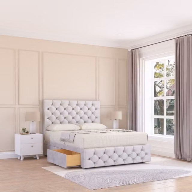 Sloomy Watson Chesterfield Divan Bed Base with 2 Drawers and Headboard, Silver, W/D/H: 180 x 200 cm