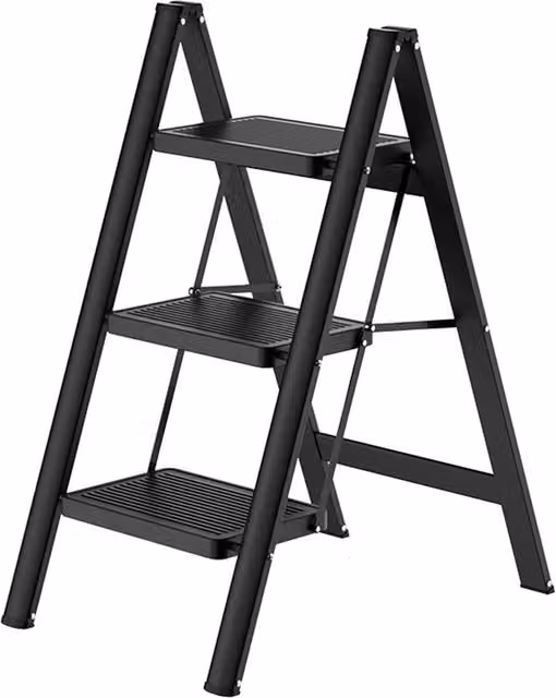 Gr8 Home 3 Step Folding Ladder in Black Carbon Steel with Non-Slip Rubber Feet