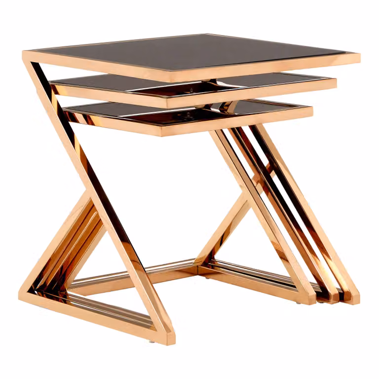 Orsina Set of 3 Nesting Side Tables with Glass Tops and Gold and Black Metal Frames