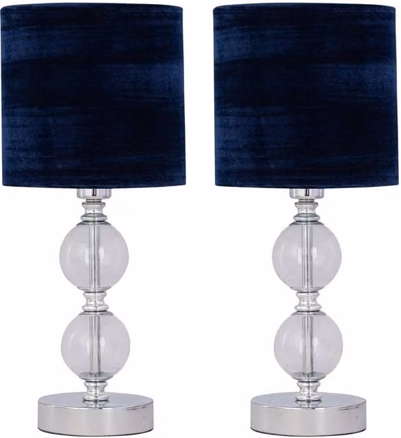 First Choice Lighting Set of 2 Chrome Two Ball Table Lamps with Navy Blue Velvet Shades – 1