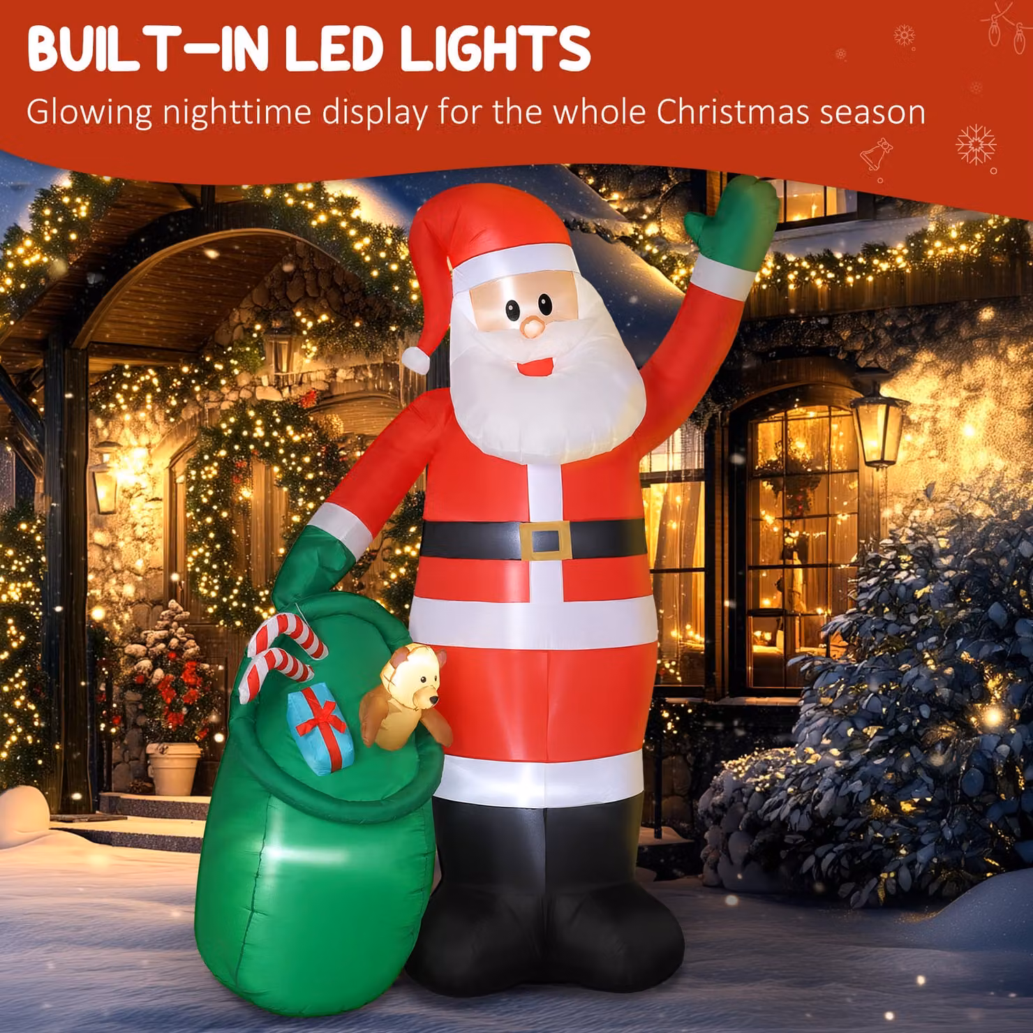 Outsunny 275 cm Inflatable Christmas Santa with Bear Sack and Built-in LED Lights in Red – 4