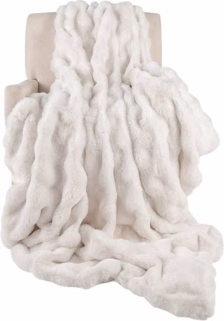 Costway White Faux Fur Throw Blanket, Reversible Double Face Fluffy Plush Bubble Blanket, W: 203 cm, D: 153 cm