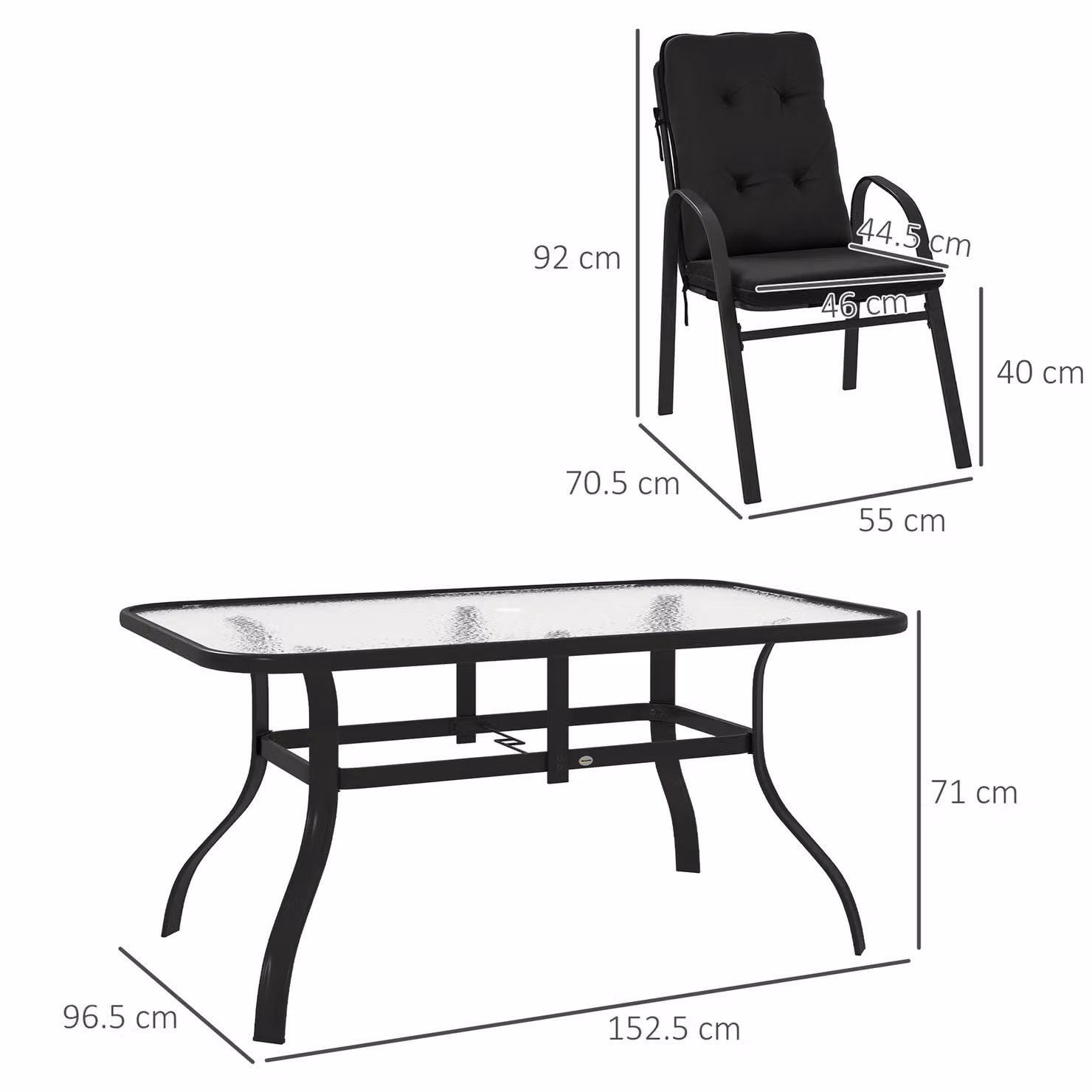 Outsunny Seven-Piece Modern Garden Dining Set with Cushions and Glass Table in Black – 3