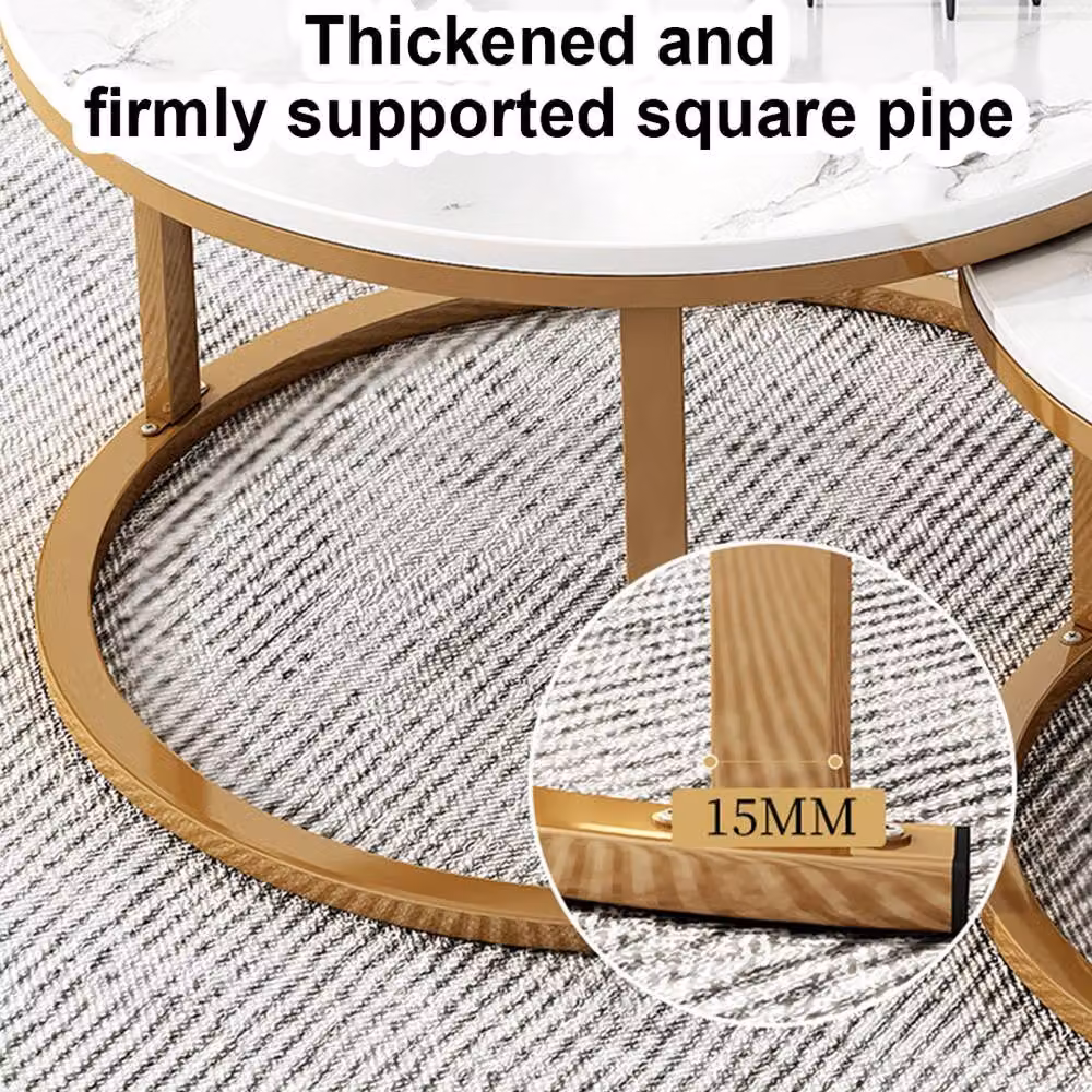 VOGREX Set of 2 Nesting Round Coffee Tables with Wood Tops and Metal Sled Base in Gold, White and Multicolour – 4
