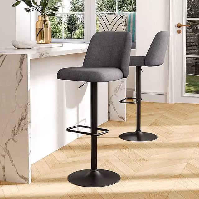 Livingandhome Set of 2 Grey Fabric Swivel Counter Bar Stools with Mid Backrest