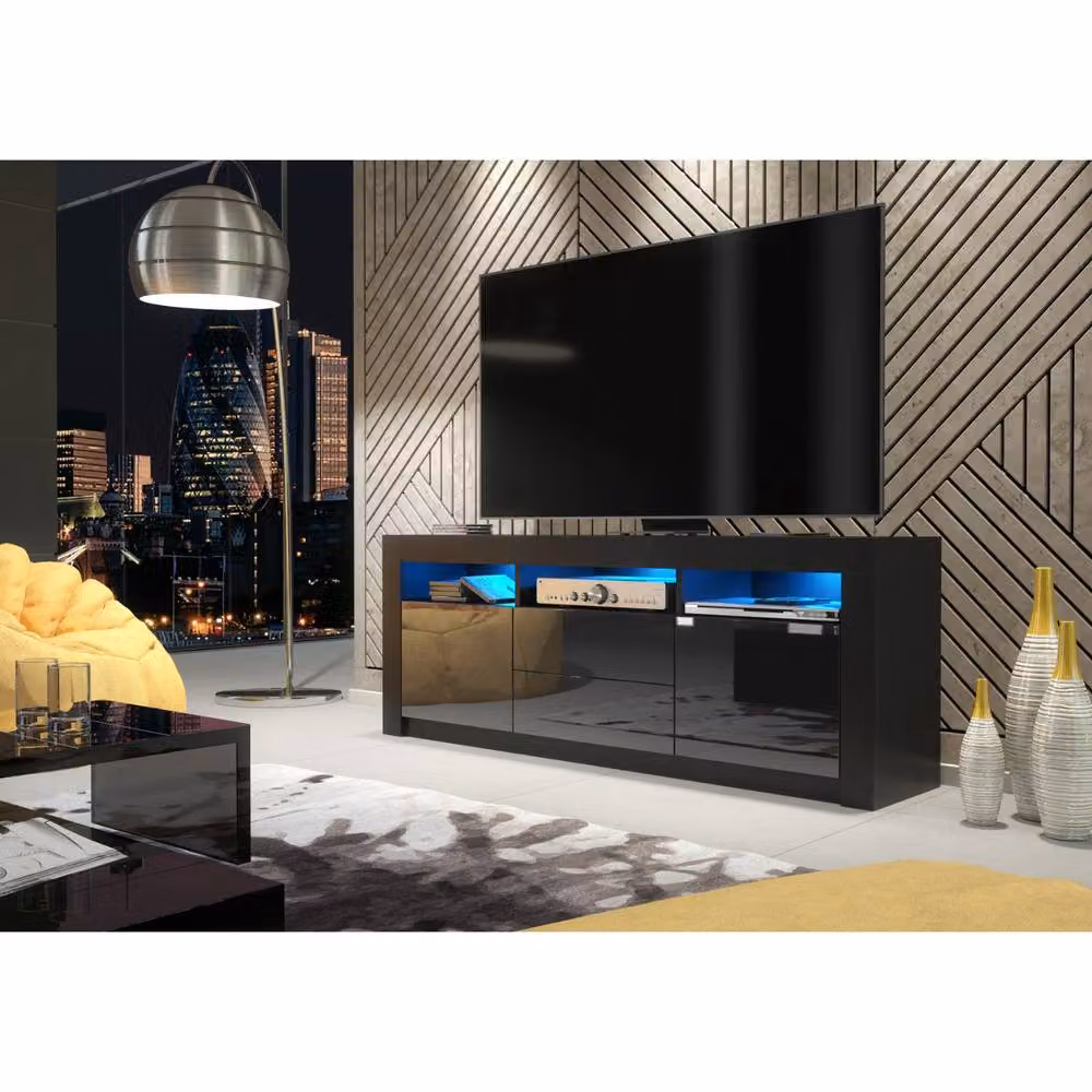 Mex Furniture LTD Shine TV Unit in Black with Glossy Doors and LED Lights, W: 160 cm, H: 60 cm, D: 35 cm – 2