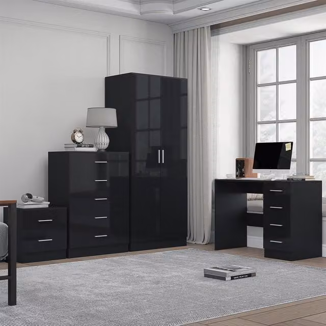 REFLECT Furniture Bundle including 2-Door Wardrobe, Chest of Drawers, Bedside Table and Desk in Black Gloss and Matt Black