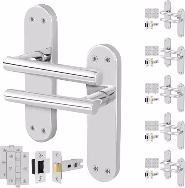 AFIT Chrome T-Bar Handle Latch and Hinges Backplate Set in Silver, 6 Pairs, 150 x 150 mm