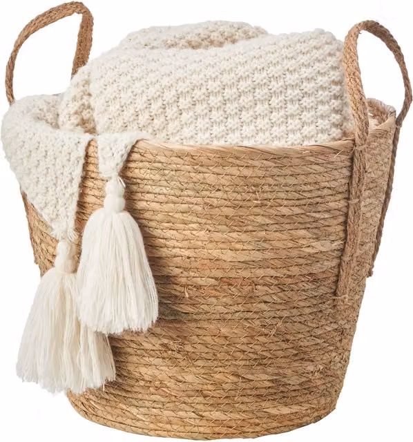 Eden & Willow Nordic Round Straw Woven Storage Basket with Handles in Brown and Beige