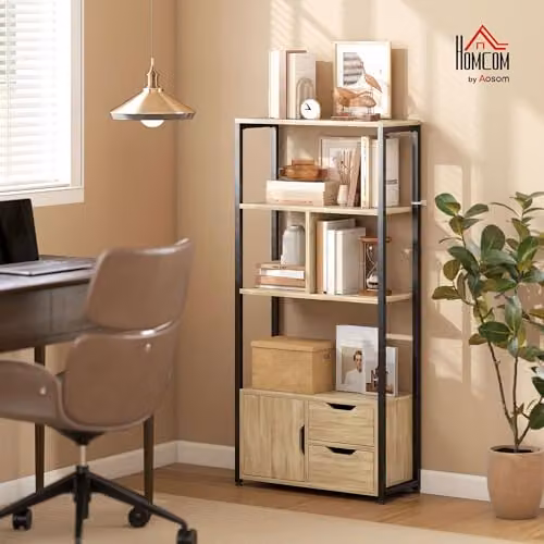 HOMCOM Industrial Bookshelf with 1 Cabinet and 2 Drawers in Brown and Black, W/D/H: 122 x 24 x 58 cm – 2