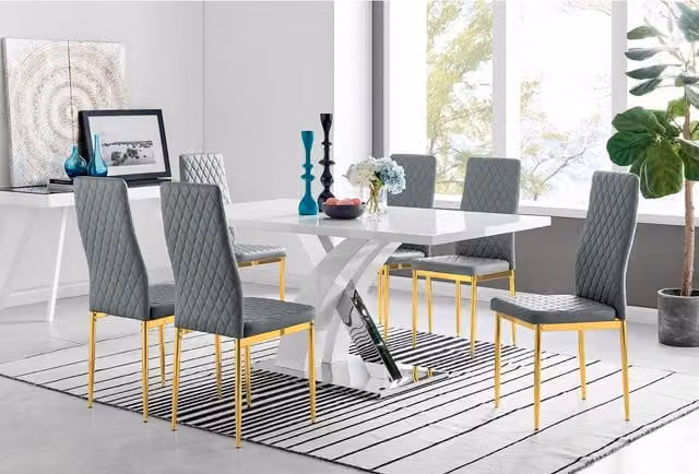 FurnitureboxUK Atlanta 6 White Dining Table and 6 Gold Leg Milan Chairs in Grey