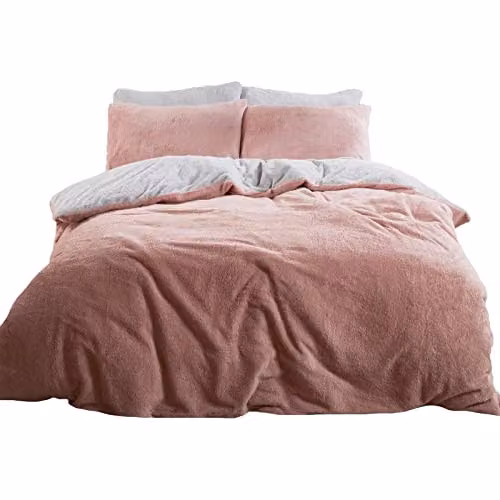 Brentfords Reversible Teddy Fleece Duvet Cover and Pillowcase Set, Pink, Grey and Silver, Superking