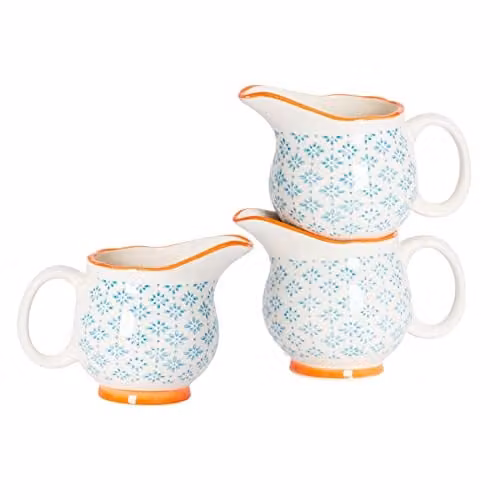 Nicola Spring Hand-Printed Floral Ceramic Milk Jugs, Blue, Pack of 6, 300ml – 1