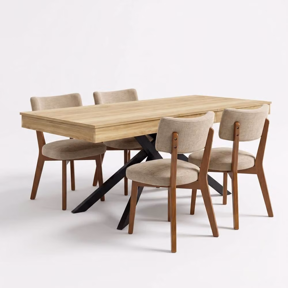 FENCHILIN Extendable Rectangular Dining Table and 4 Mid-Back Chairs Set in Light Oak – 2
