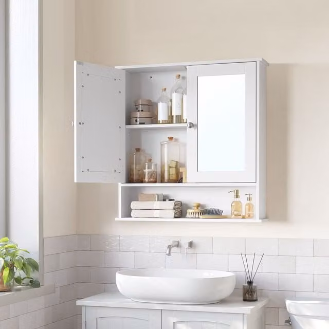 VASAGLE White Wall Mounted Bathroom Cabinet with Mirror Doors and Open Compartment