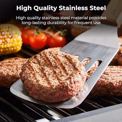 Tower 4 Piece Stainless Steel Barbecue Tool Set with Wooden Handles in Silver and Brown – 6