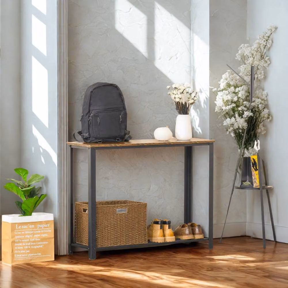 FURNOS Industrial 2 Tier Rectangular Console Table in Brown and Black, W/D/H: 101 x 35 x 80 cm – 3