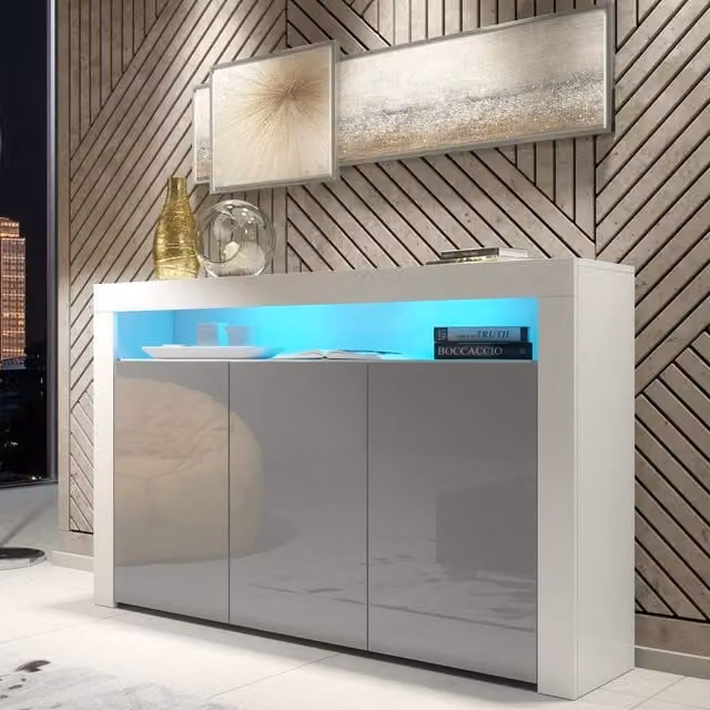 PAWNORA Modern TV Stand Sideboard with White Matt Body and Grey Gloss Doors and Integrated Lighting – 1