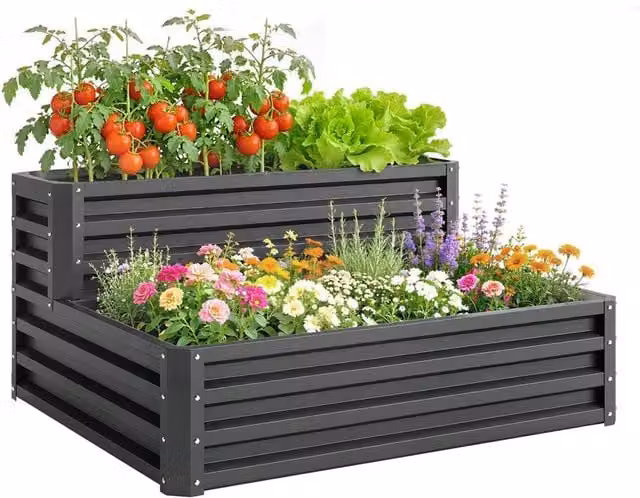 VOGREX 2 Tier Galvanised Steel Raised Garden Bed Planter Box in Grey – 1