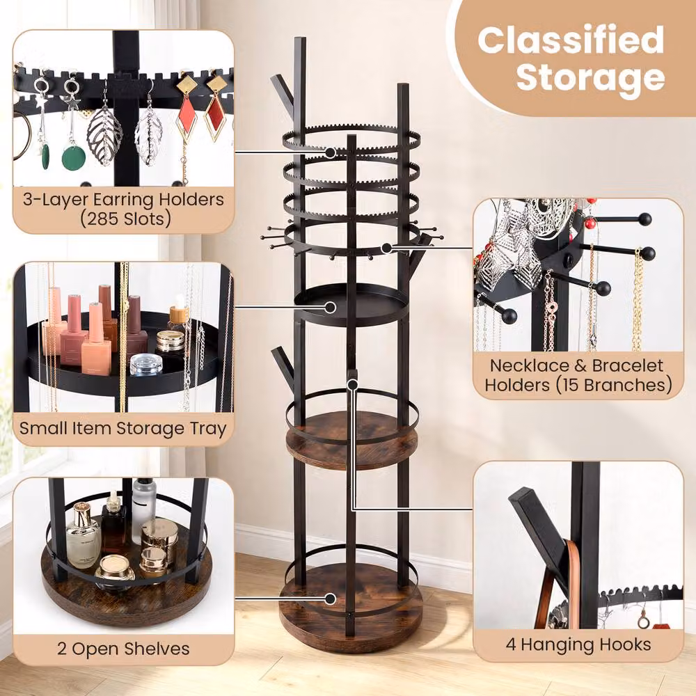 Costway Rotating Jewelry Display Tower with Earring and Necklace Holder in Brown – 8
