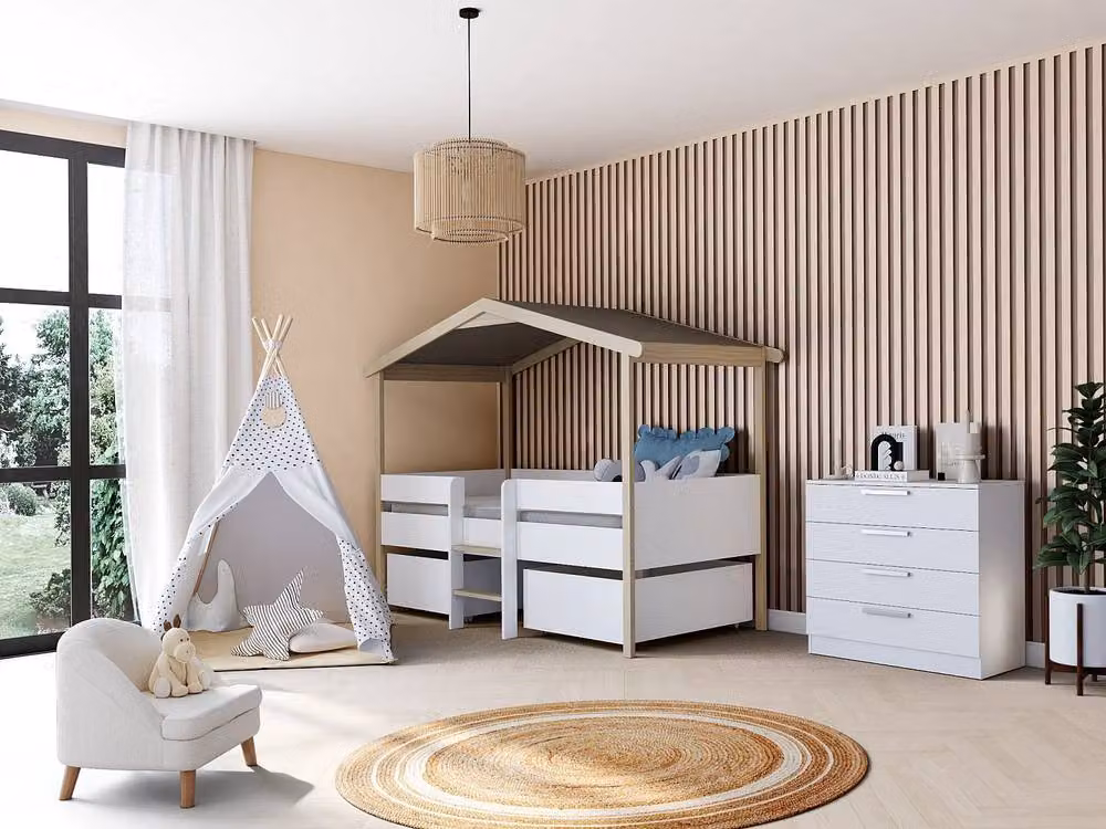 Vente-unique Hut Bed with Drawers in White and Light Oak, W/D/H: 90 x 190 cm – 3