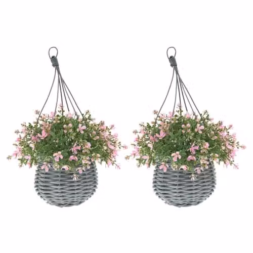 Ark Mat 2 Pack UV Resistant Artificial Floral Hanging Baskets in Pink, Diameter: 34 cm