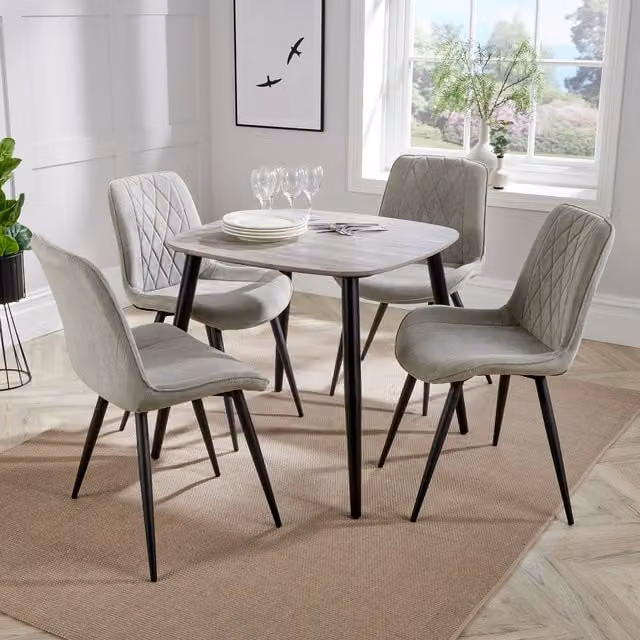 Core Products Ltd Aspen Dining Set with Grey Oak Effect Square Table and 4 Black Diamond Stitch Chairs