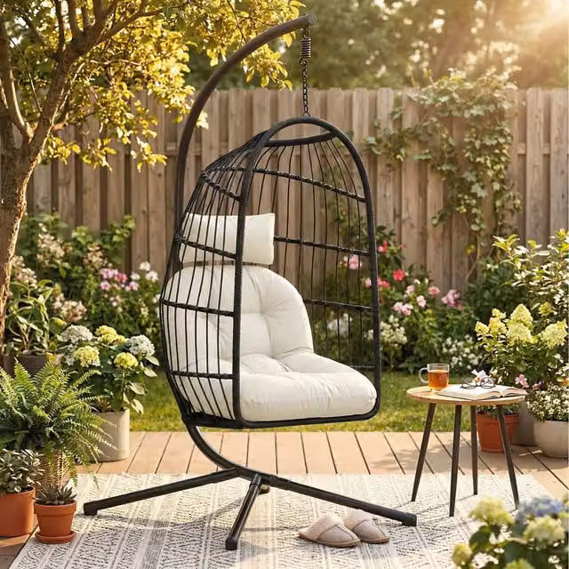 Outsunny Modern Rattan Egg Swing Chair with Stand and Safety Strap in Black and Cream White