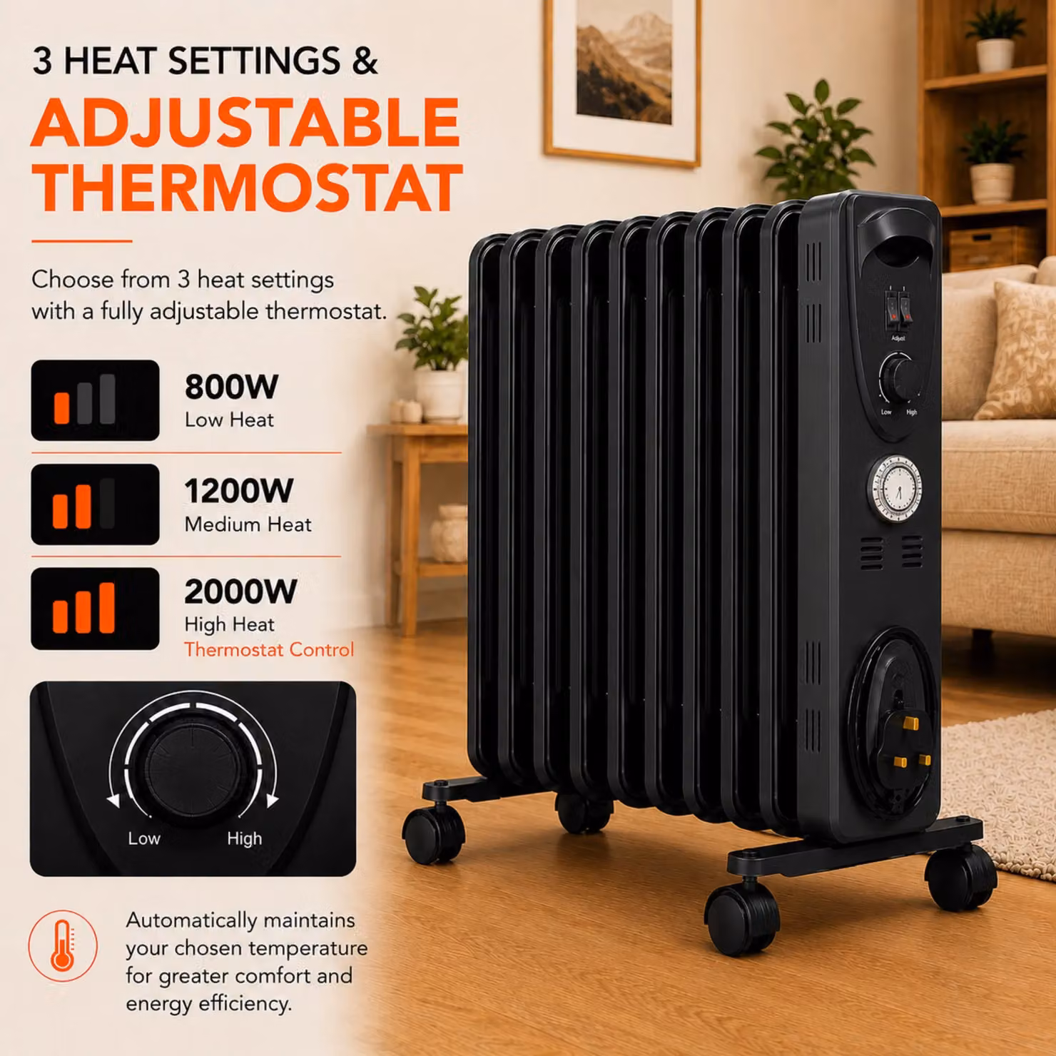 MYLEK 2kW Electric Oil Filled Radiator with Adjustable Thermostat and Timer in Black – 3