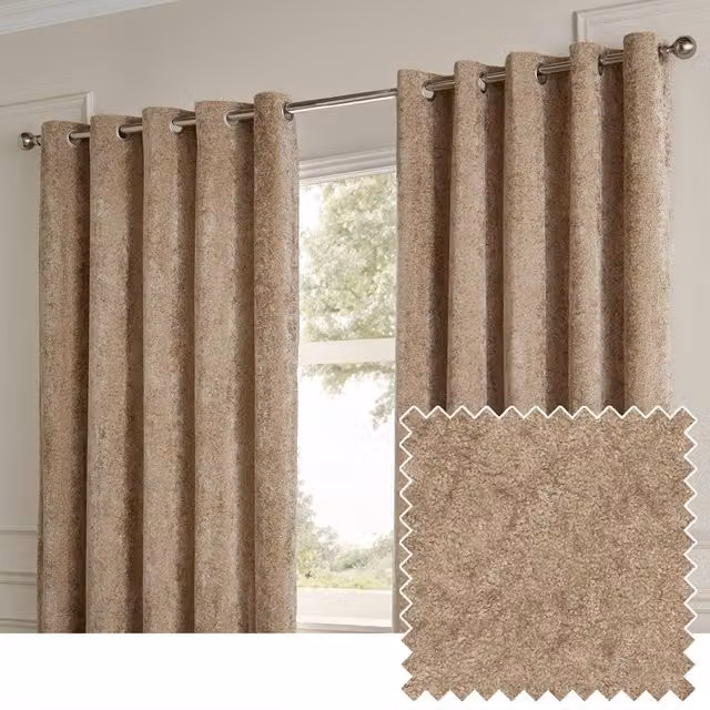 Paoletti Lustre Velvet Eyelet Curtain Pair in Beige, Width: 168 cm, Drop: 137 cm – 1