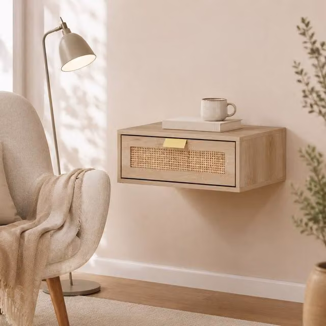 STILVORA Set of 2 Floating Bedside Tables with Drawer in Light Oak and Rattan
