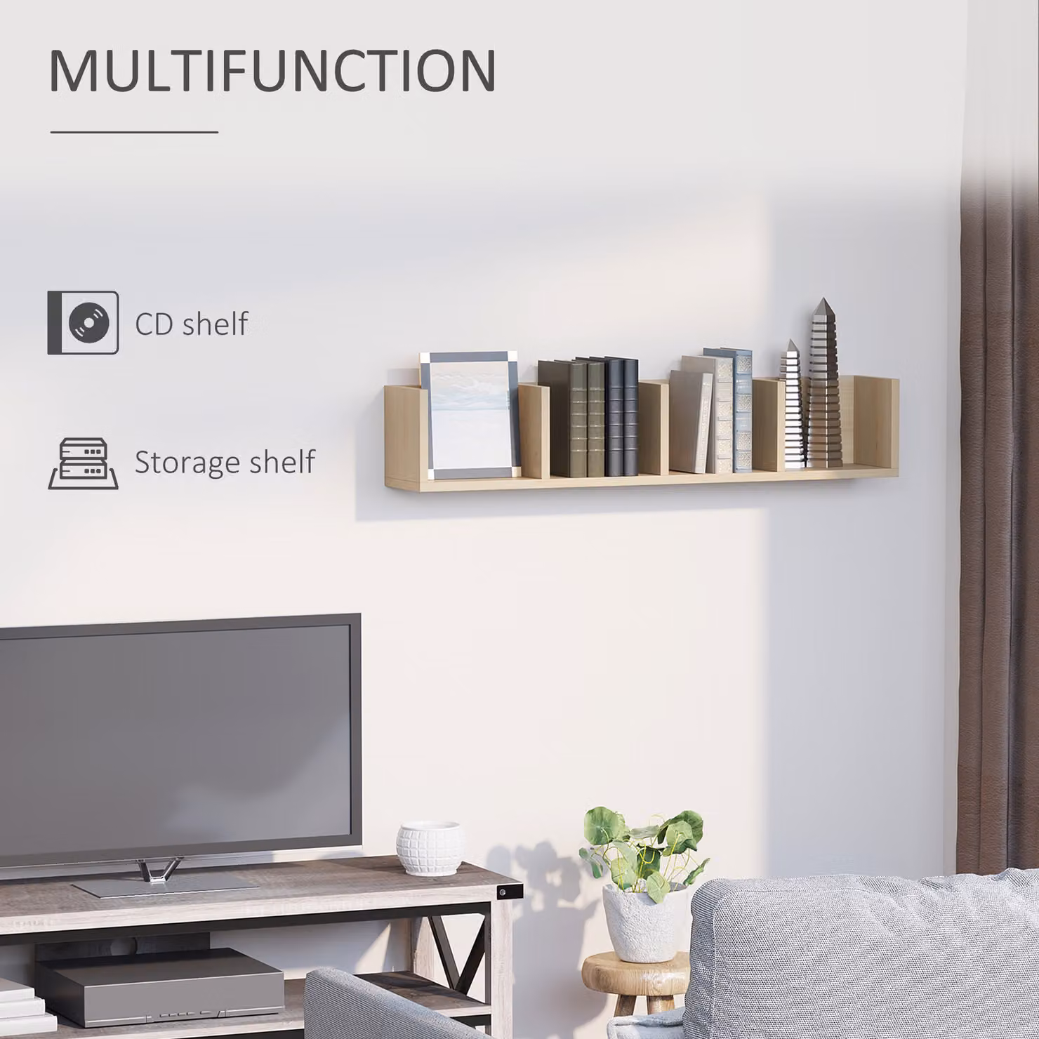 HOMCOM Set of 2 Wall Mounted Wooden Media Storage Racks in Brown, featuring 4 Cubes for CD, DVD and Blu-ray Organising – 4
