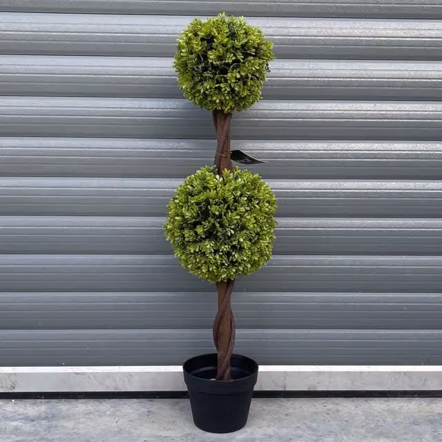 Green Double Ball Topiary Tabletop Tree with Black and Wood Accents